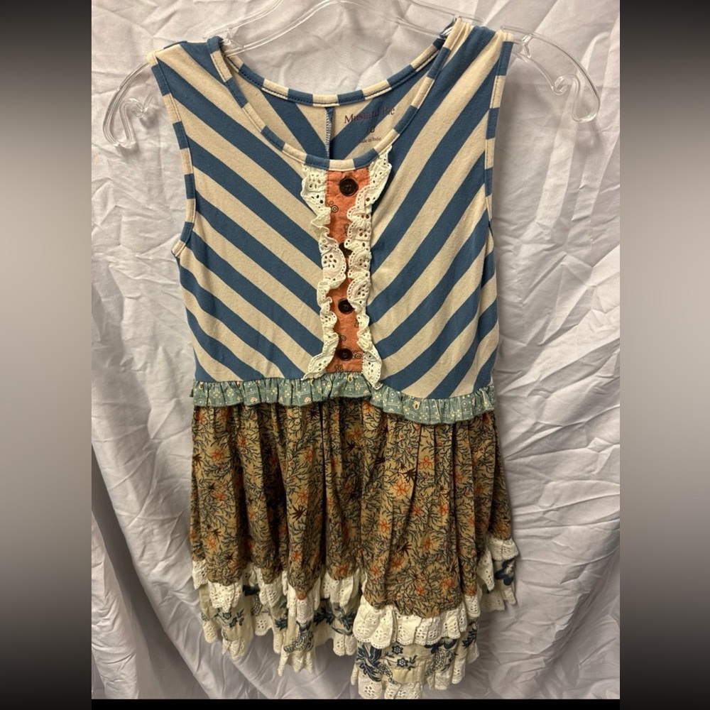Mustard Pie Blue and Cream Striped Dress Floral Skirt Patchwork Ruffles FRILLY
